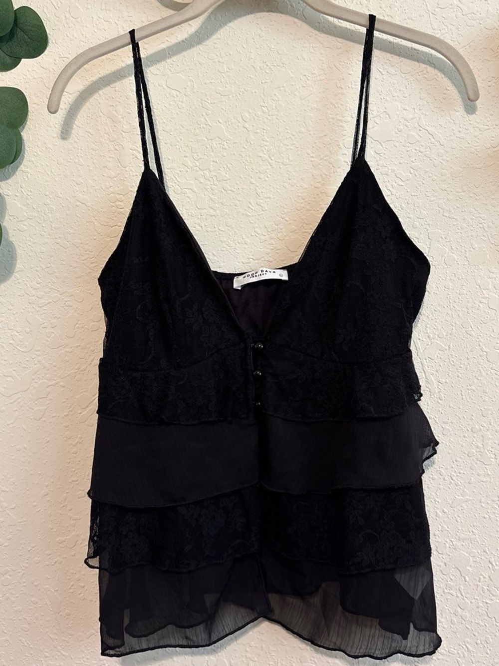 Black Dark-fairy Ruffle-Tiered Lace Open Tank Top✨